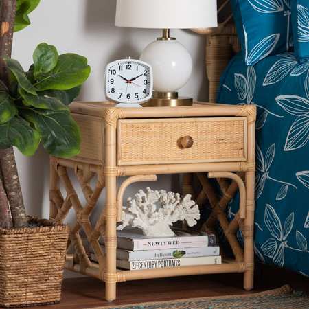 Baxton Studio Camara Modern Bohemian Natural Brown Rattan 1-Drawer Nightstand 208-12689